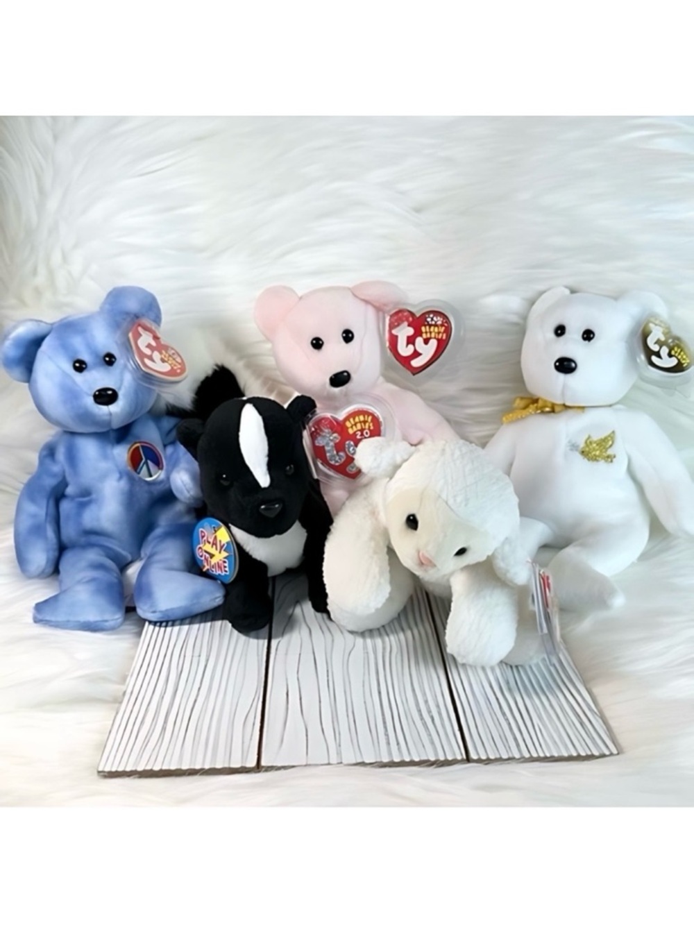 Vintage Beanie Babies Peace, Cure, Holy Father Bears, Skunkers & Fleece Lamb